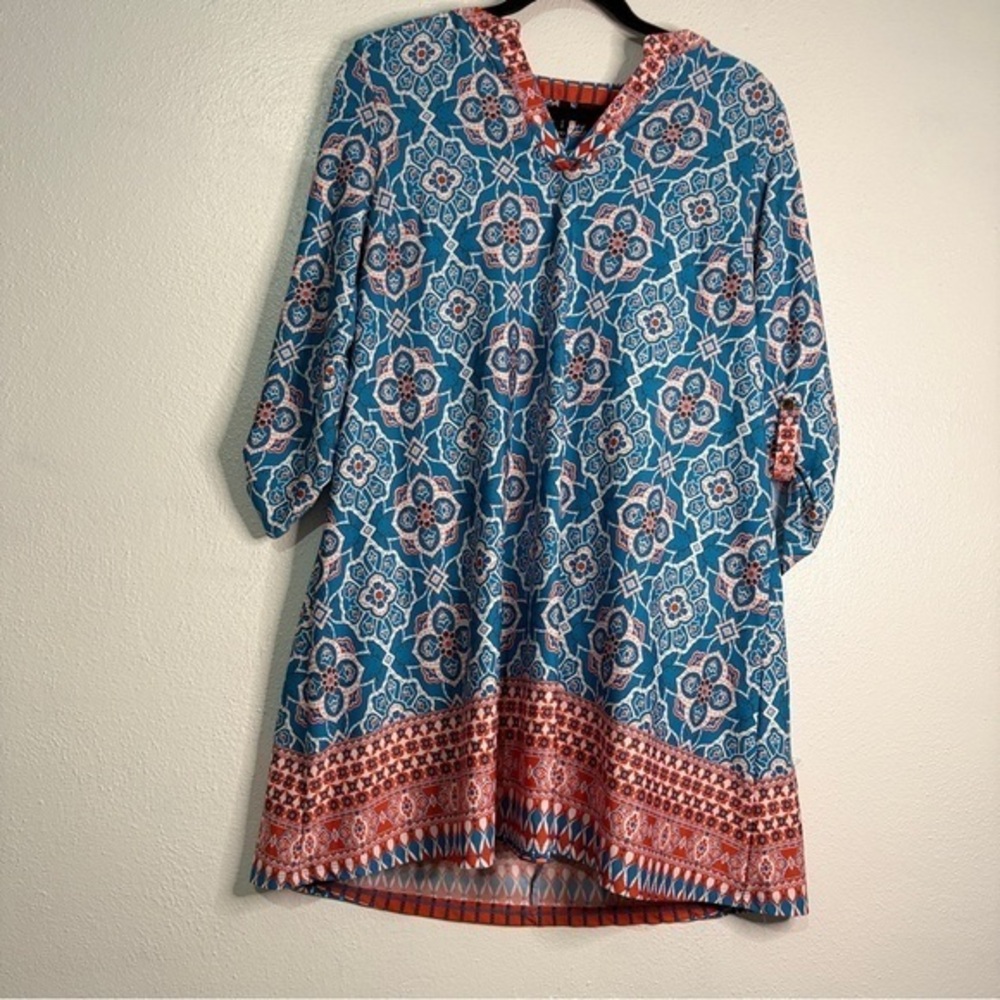 New Directions Vibrant Teal & Orange Tunic Dress. Sz PS.